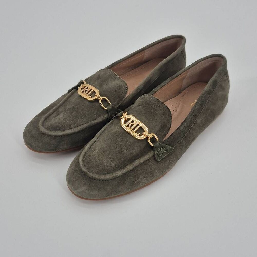 Lauren Ralph Lauren Averi Suede Olive Kahki Green Logo Loafers Size 9.5
